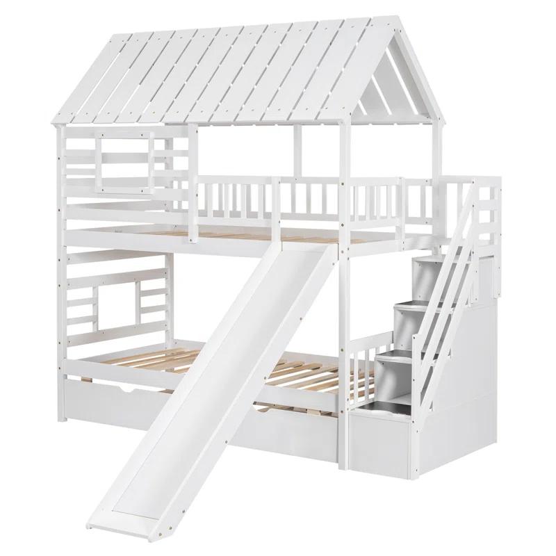 Harper Orchard Twin Over Twin House Bunk Bed With Trundle And Slide