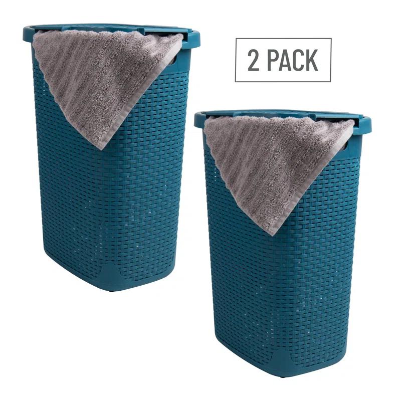 The Twillery Co.® 60L Slim Laundry Hamper, Clothes Basket, Lid, Wicker Style, Plastic