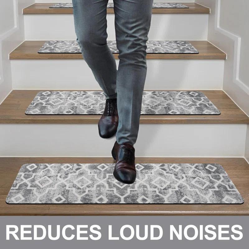 Bungalow Rose Stair Treads Non Slip For Wooden Steps, 15PCS 8"X30" Grey Rubber Backing Stair Runner Mats, Washable Reusable Carpet For Stairs Rugs Indoor Safety Staircase Step Treads For Kids Elders Dogs