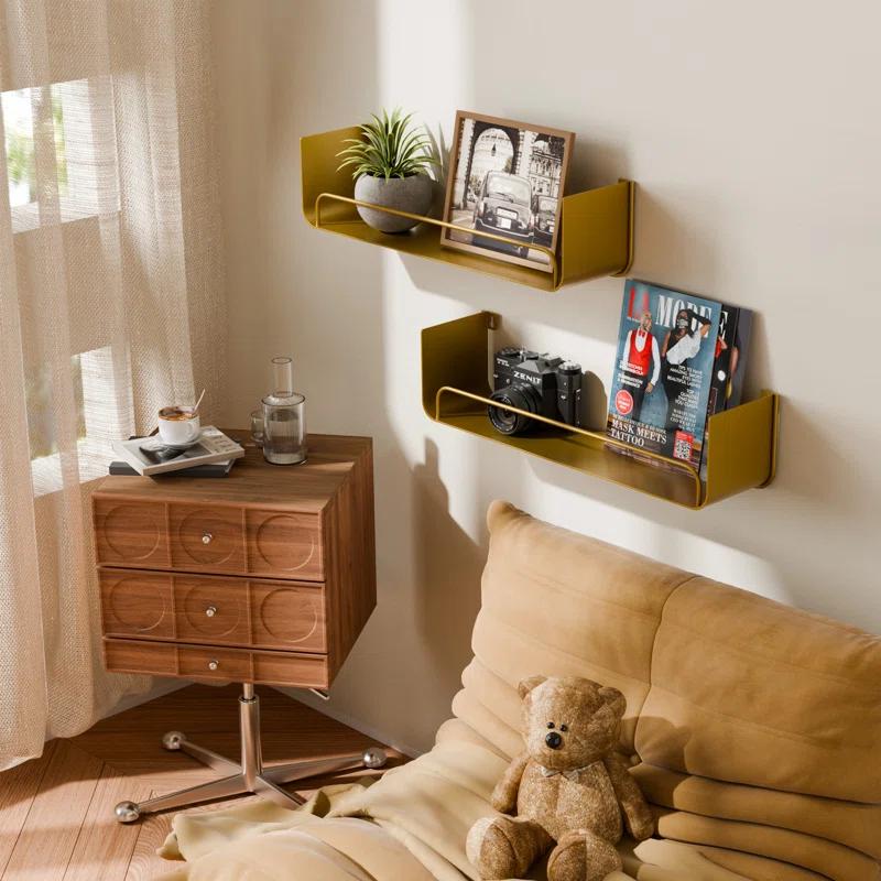 Mercer41 16 Inch Gold Floating Shelves Set Of 2, Modern Iron Bathroom Shelves With Guardrail, U-shaped Wall Mounted Shelf For Home Decor & Organizer, Display Shelf For Bathroom,kitchen,bedroom&any Room