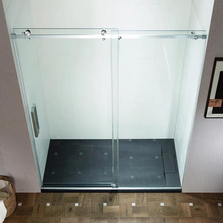 WoodBridge Semi-Frameless Single Sliding Shower Doors, 56-60" W X 76" H With 5/16" Clear Tempered Glass And Explosion-Proof Film MSDF6076-C