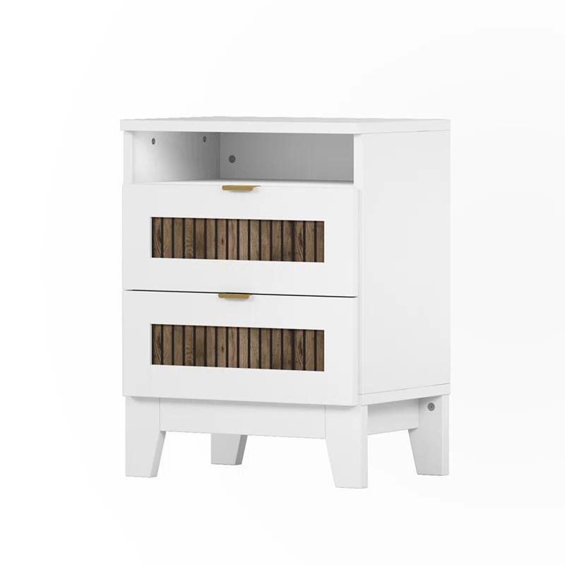 Lark Manor™ 2-Drawer Farmhouse Wooden Nightstand With Wooden Strip Stickers Decoration And Metal Handle, Wood Side Table With Storage Cabinet For Bedroom