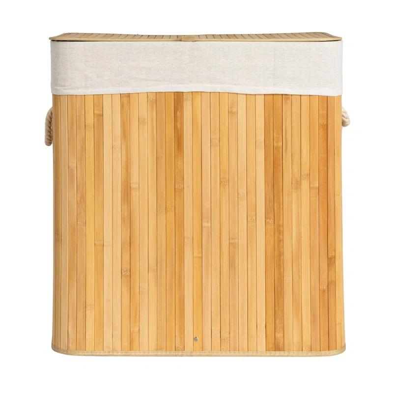Household Essentials Bamboo Double Laundry Hamper with Rope Handles, Lid and Removable Machine Washable Laundry Bag, 39-Gallons