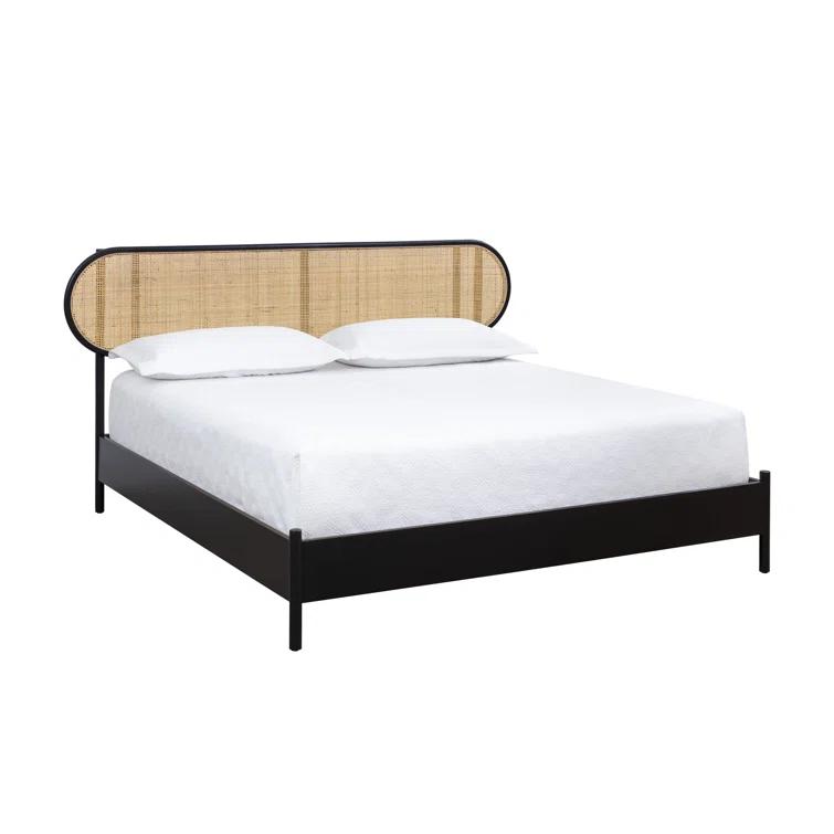 King Black Pine Wood Frame Bed with Rattan Headboard