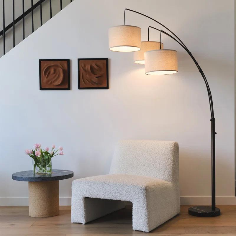 Brightech Trilage 84 in. Mid-Century Modern 3-Light Adjustable LED Arched Standing Floor Lamp with 3 Fabric Drum Shades