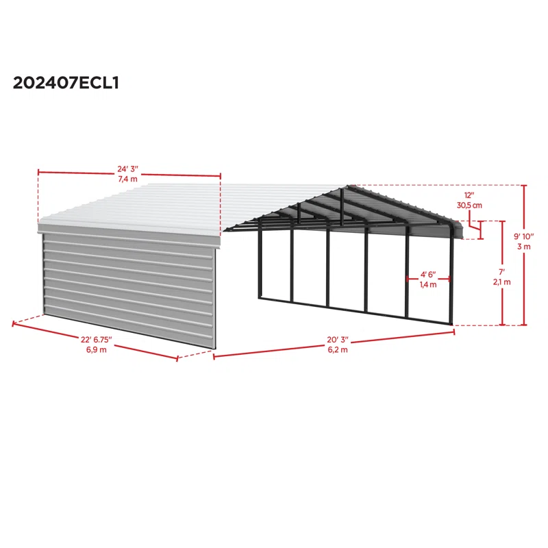 Arrow Arrow Steel Carport with 1 Side Wall Kit, 20x24x07
