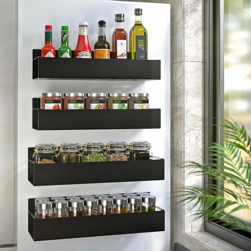 Textiles Hub 4 Pack Magnetic Spice Rack For Refrigerator, Moveable Magnetic Spice Organizer, Black Metal Strong Magnetic Shelf For Fridge And Microwave Oven, Space Saving For Kitchen