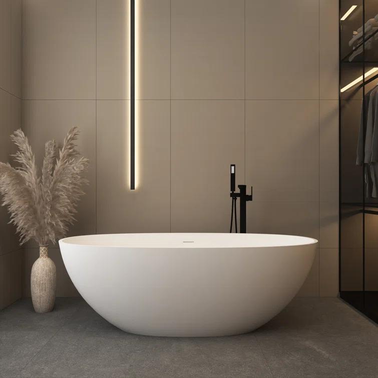 TCYO 65 in. x 30 in. Solid Surface Freestanding Soaking Bathtub with Center Drain in Matte White TYMYBT11-65MW