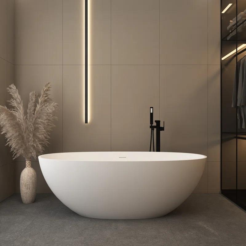 TCYO 65 in. x 30 in. Solid Surface Freestanding Soaking Bathtub with Center Drain in Matte White TYMYBT11-65MW