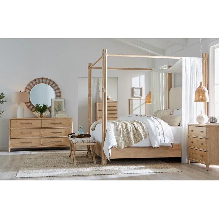 King Beige Upholstered Canopy Bed with Oak Frame