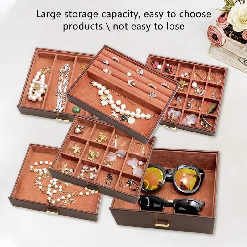 Rosdorf Park Extra Large 6-Tier Jewelry Box Organizer With Mirror, 5 Drawers Leather Jewelry Storage Case Ring Necklace Earring Bracelet Brown