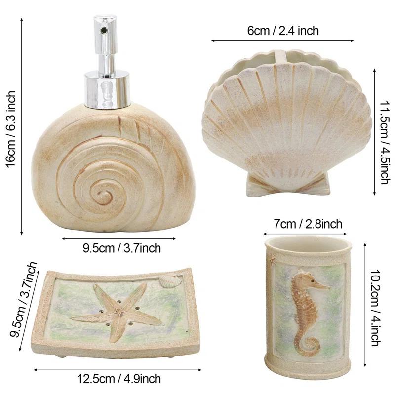 Rosecliff Heights Set, 5 PCS Beach Seashells Ensemble Set Includs Soap Dispenser, Soap Dish, Tumbler, Toothbrush Holder - Ivory Polyresin Set For Home, Office, Superior Hotel | Wayfair