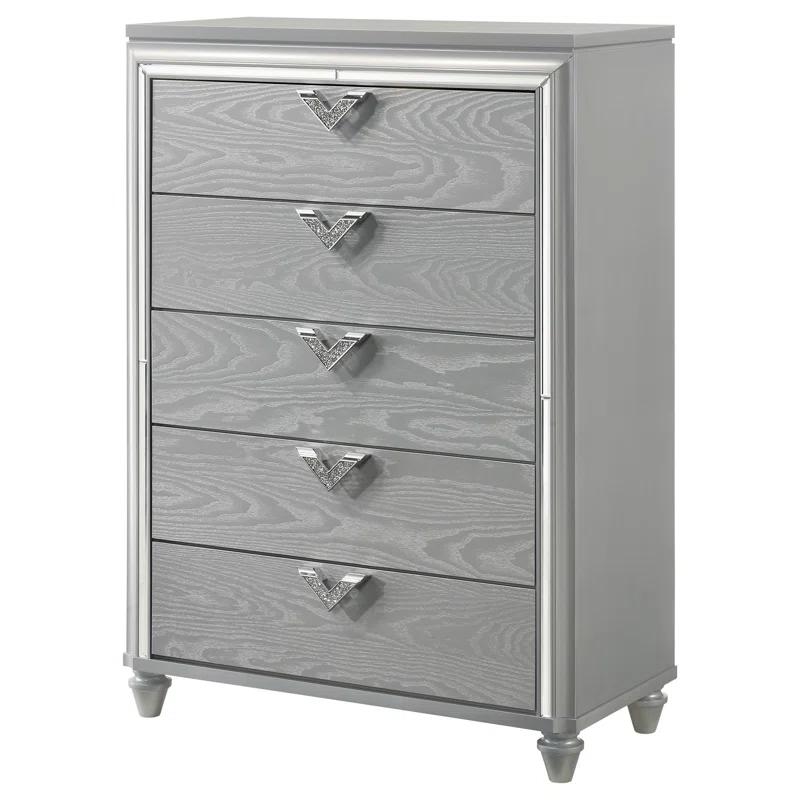 Benjara Haley Tall Dresser Chest, V Shaped Glittering Metal Handles, Light Silver