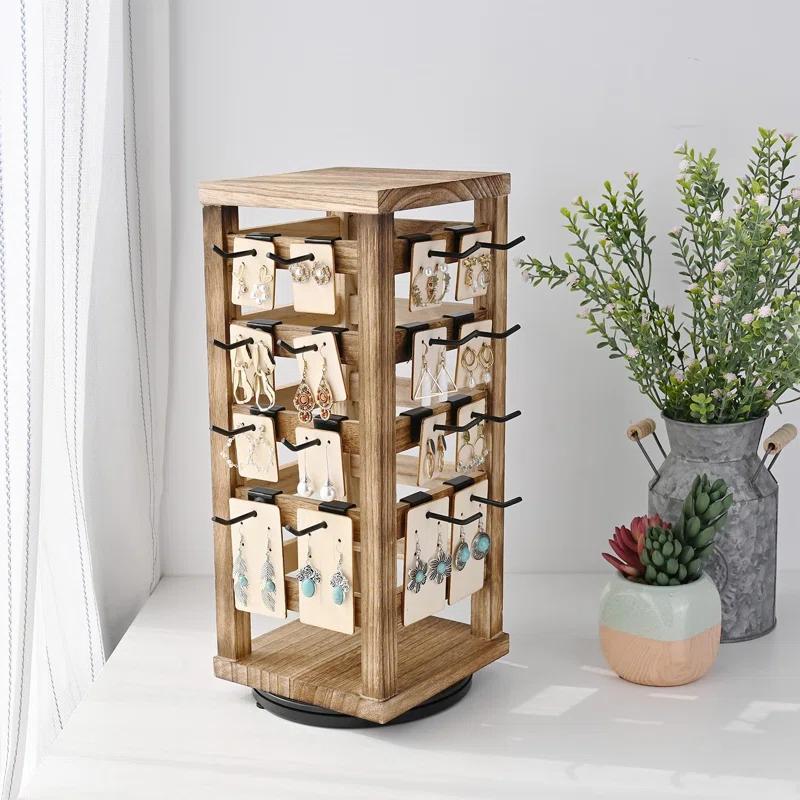 Latitude Run® Design Exquisite Rotating Jewelry Tower- Natural Wood Finish- Showcase And Organize Your Collection With 42 Hooks- Easy Earring Display Stand- 5 Bars On Each Face For Maximum Storage -Oak Color