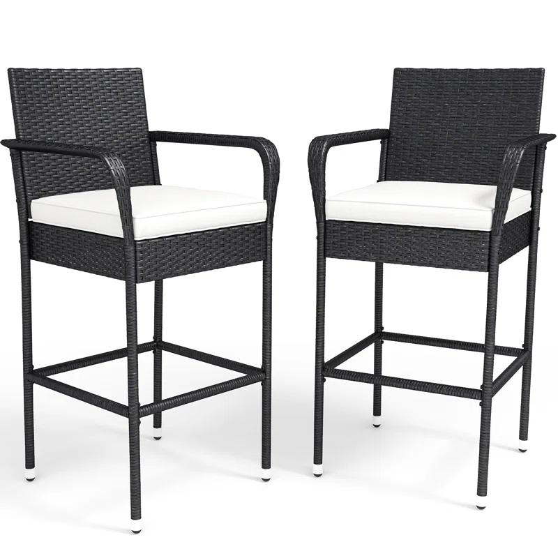 Winston Porter Winston Porter Set Of 2 Patio Wicker Counter Stools Outdoor Bar Height Chairs With Soft Cushions