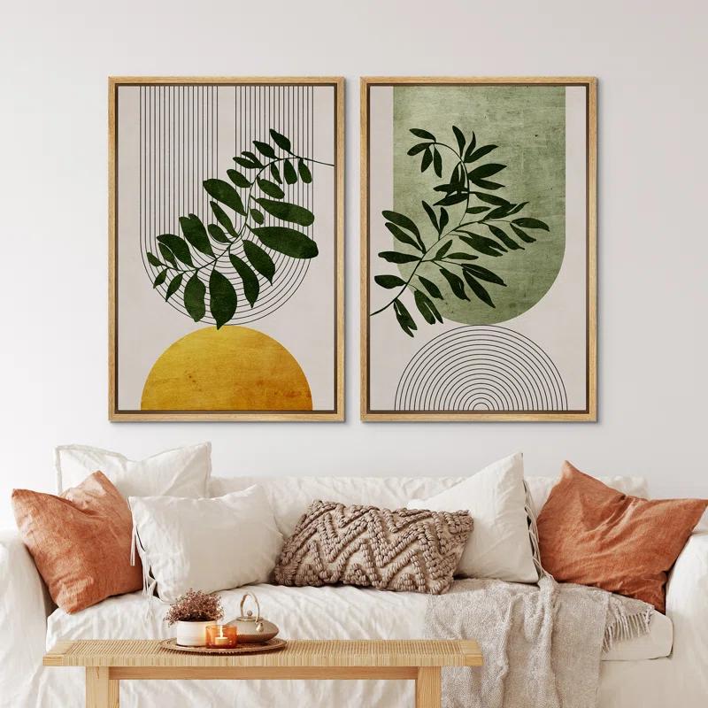 Mid Century Modern Boho Green Yellow Bright Plant Art Framed Canvas 2 Pieces Print  Wall Art Set