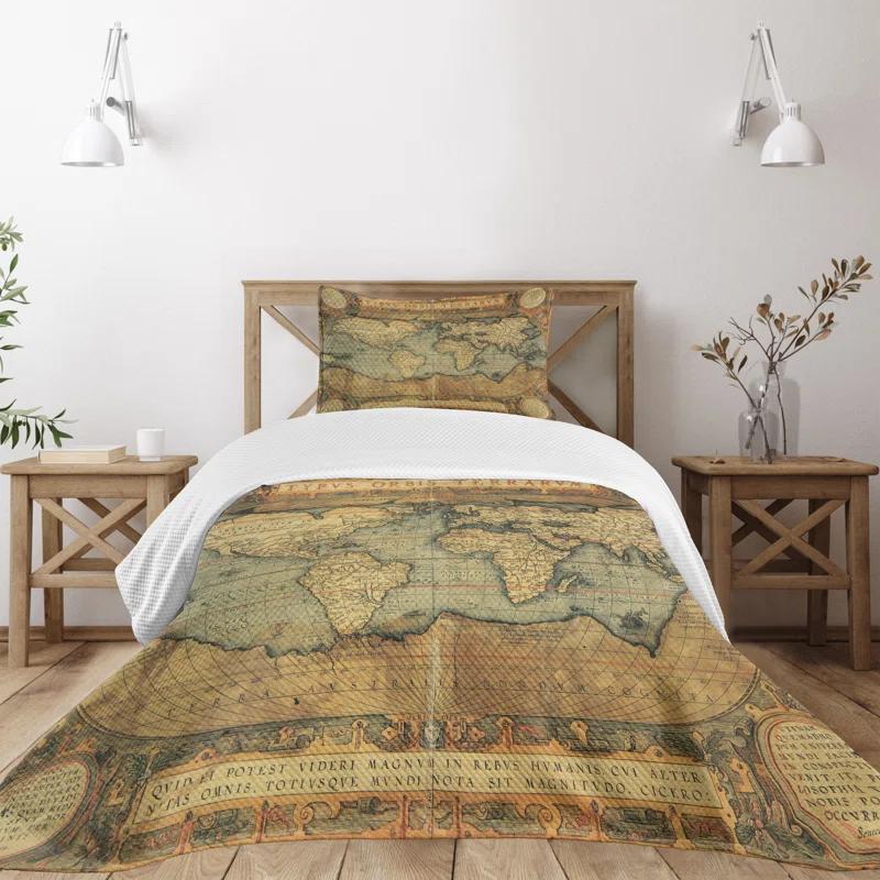 Ambesonne Ambesonne World Map Bedspread Set Retro Atlas Illustration Sand Brown Slate Blue