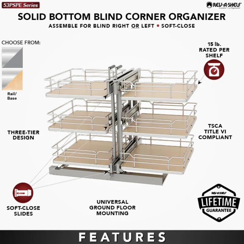 Rev-A-Shelf Steel 3-Tier Pullout Solid Bottom Organizer For Blind Corner Cabinets W/ Soft-Close