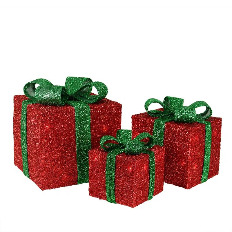 Northlight Seasonal Set of 3 Lighted Red and Green Tinsel Gift Boxes with Bows Christmas Outdoor Decorations 10"