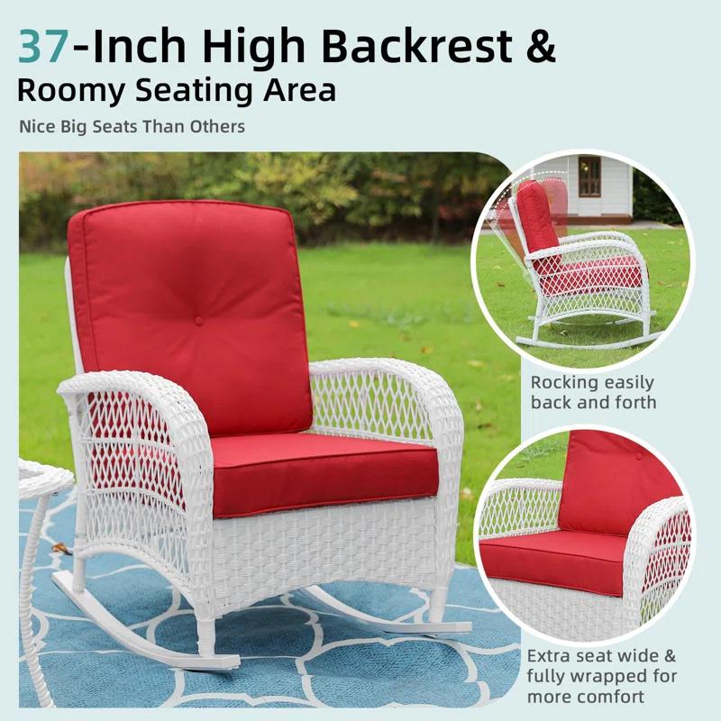 Beachcrest Home™ Beachcrest Home Outdoor Wicker Rocking Chairs Set Of 2, Rattan Patio Rocker Chairs With Thick Cushions And High Back, All-Weather Patio Wicker Chair With Safe Rocking Design For Garden, White Wicker
