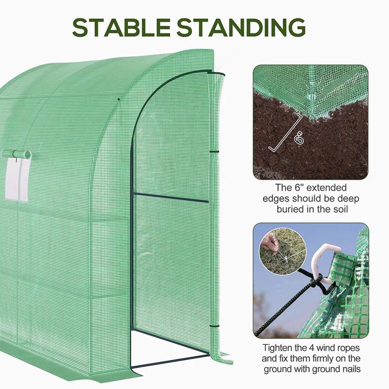 HLILish Outsunny 7' X 3' X 7' Lean To Greenhouse, Walk-In Green House, Plant Nursery With 2 Roll-Up Doors And Windows, PE Cover And 3 Wire Shelves