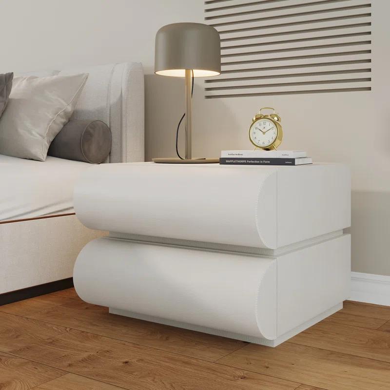 Wrought Studio™ Hasya White Nightstand with 2 Solid Wood Drawers, Leather Bedside Table for Bedroom, No Assembly Required