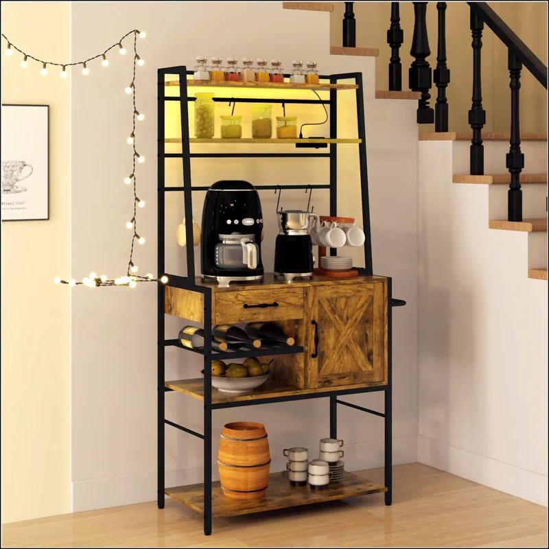 17 Stories Baker's Rack With Power Outlet And LED Lights Bar With Storage Shelves,Industrial Microwave Stand With Wine Bottle Rack,Drawer,Barn Door Cabinet