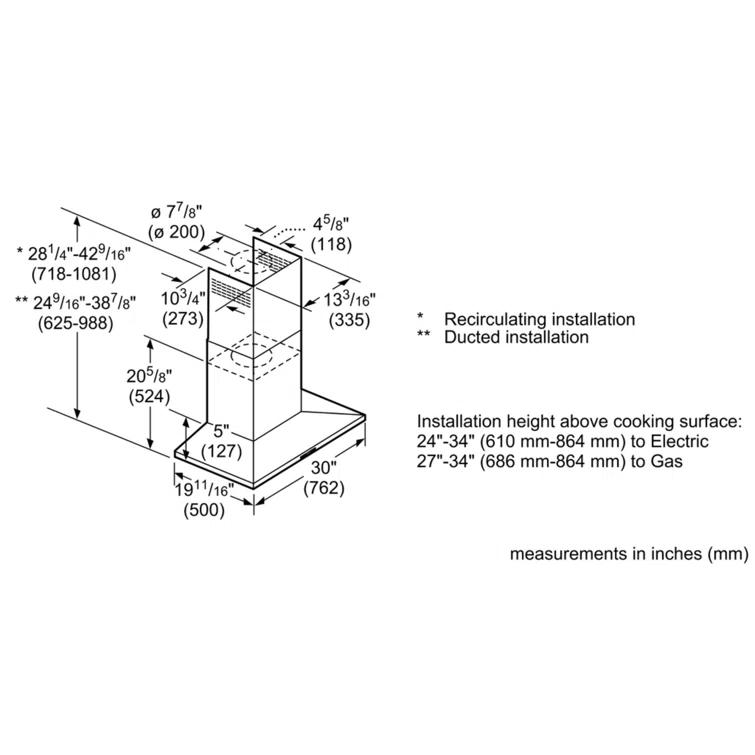 Bosch 800 Series 30" 300 Series 300 CFM Convertible Wall Mount Range Hood in Stainless Steel HCP30E52UC