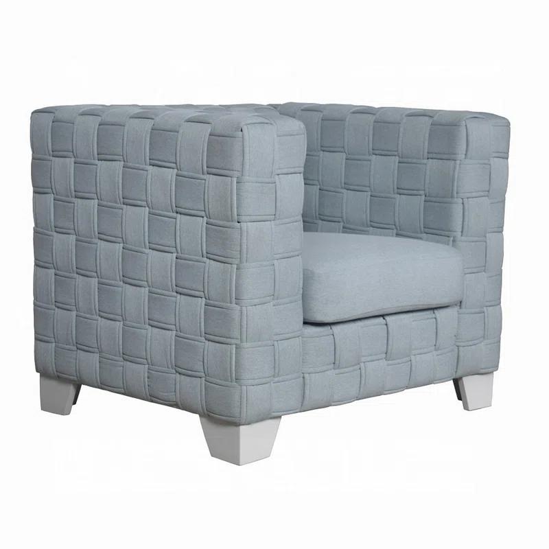 Benjara Reah Accent Chair, Knitted Light Blue Chenille, White Composite Wood