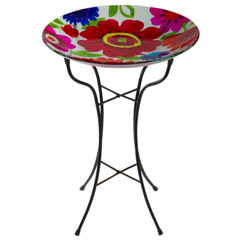 Northlight Seasonal 18" Red and Blue Summer Flowers Hand Painted Glass Outdoor Patio Birdbath
