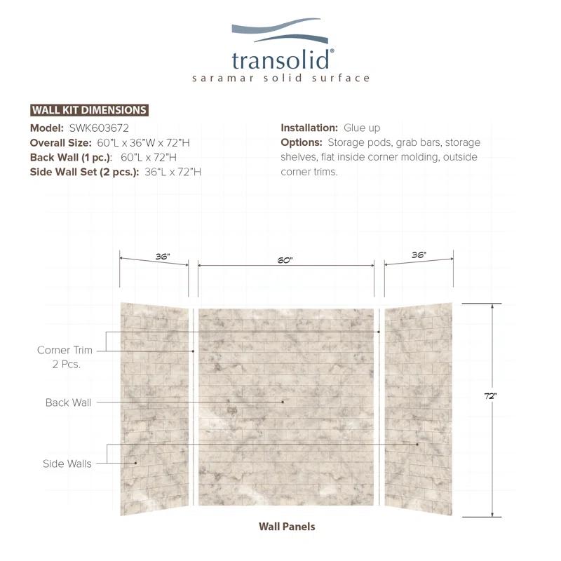 Transolid SaraMar 60'' W 36'' D 72'' H Glue Up Solid Surface Wall
