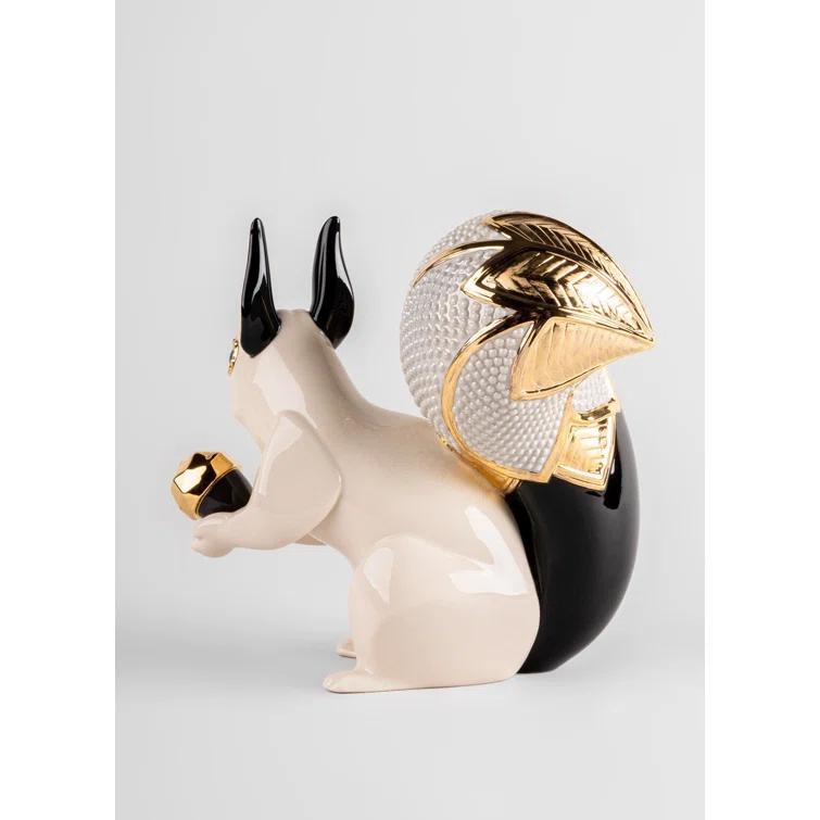 Art Deco Porcelain Squirrel Statue with Sapphire Blue Eyes