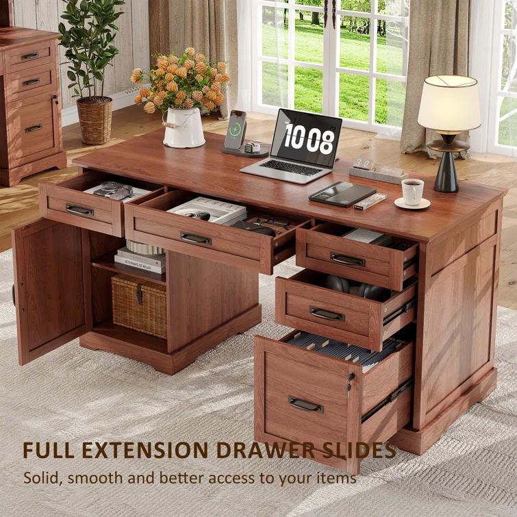 August Grove® Clabe 55'' Farmhouse Executive Desk with Drawers, File Cabinet and Power Outlets