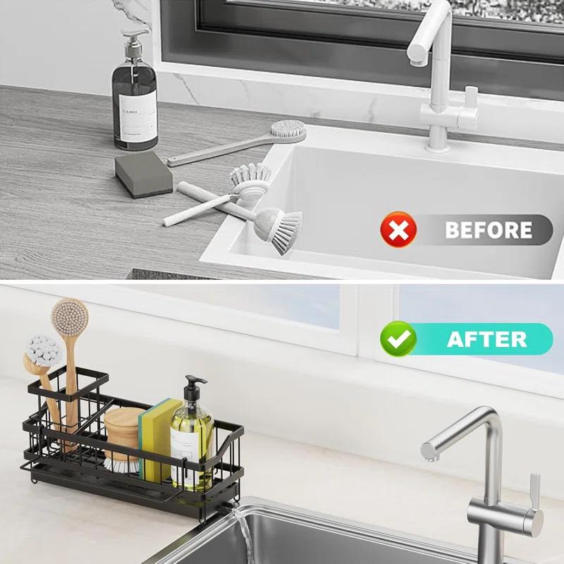 WKING Stainless Steel Kitchen Sink Caddy Organizer With Draining Tray, Rustproof Sponge Holder For Sink, Adjustable Compartments, Space-Saving Design