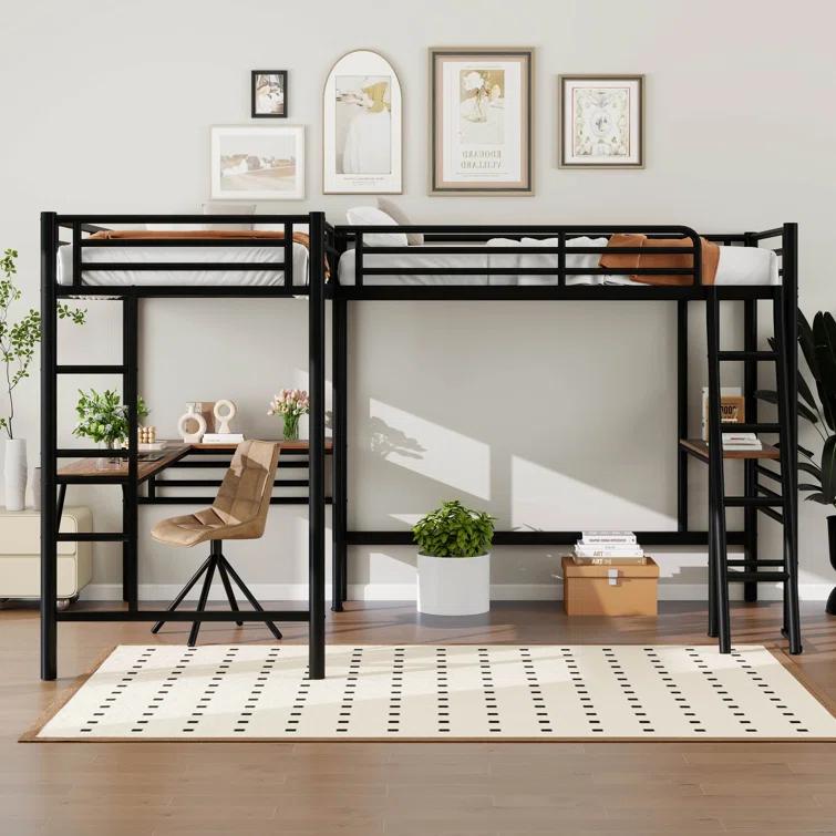 Mason & Marbles Double Twin Size Loft Beds, Metal L-Shaped Loft Bed Frame With Two Desk