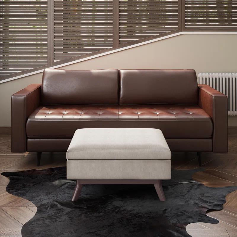Simpli Home Owen 34"W Upholstered Coffee Table Storage Ottoman with Lift Top and Solid Wood Legs