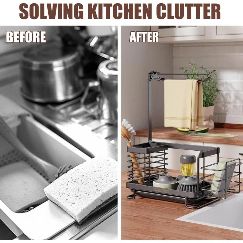 WKING Stainless Steel Kitchen Sink Caddy Organizer With Draining Tray, Rustproof Sponge Holder For Sink, Adjustable Compartments, Space-Saving Design