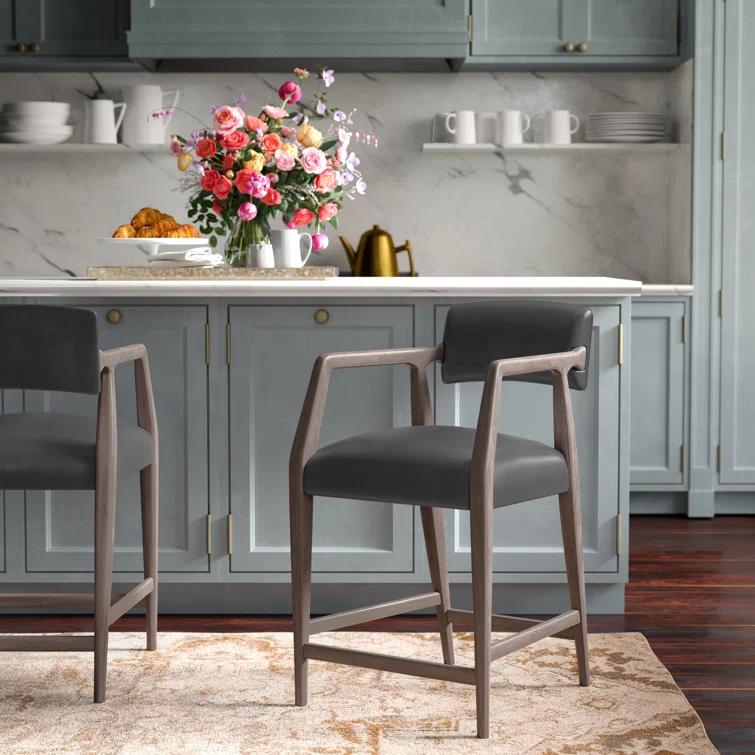 Black Leather and Wood Contemporary Bar Stool