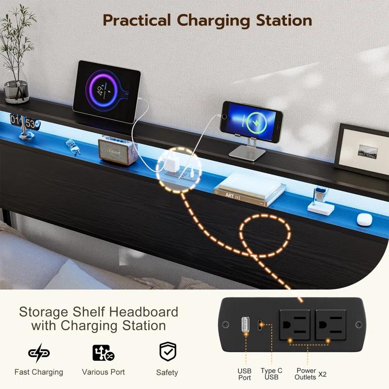 Kaiwei Storage Headboard With Led Lights & Charging Station - Industrial Metal And Wood