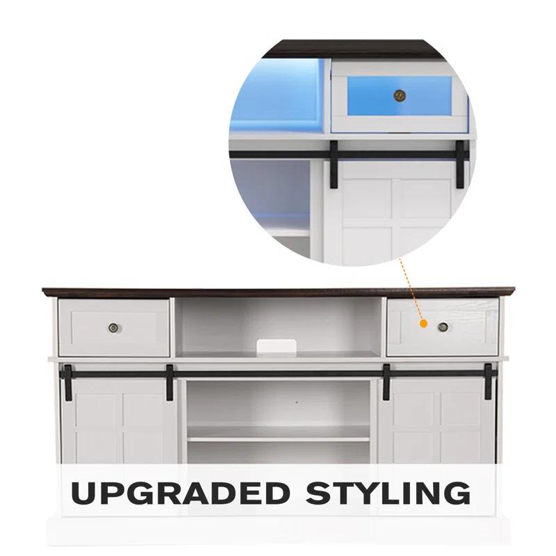 Farmhouse TV Stand W/LED Light, White TV Stand For 65 Inch Tvs, Entertainment Center TV Cabinet Stands With Flip Drawers, Sliding Barn Door TV Center Media Console Table For Living Room Bedroom