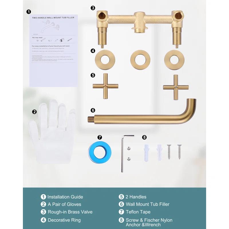 2-Handle Wall Mounted Cross Handle Antique Bathtub Roman Tub Faucet
