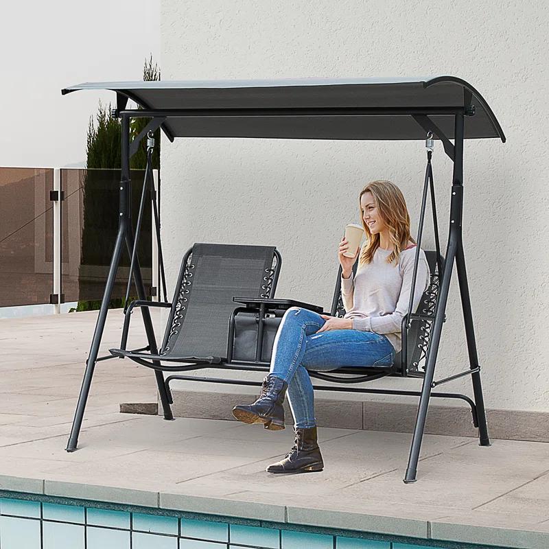 Arlmont & Co. Atay 2 Person Covered Porch Swing with Pivot Storage Table, Cup Holder, & Adjustable Overhead Canopy