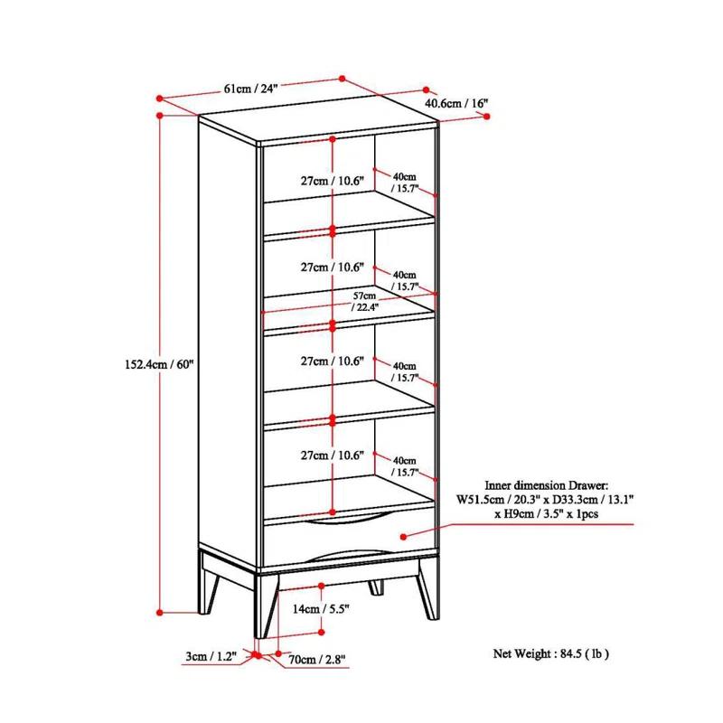 Simpli Home Harper 24"W Solid Hardwood 4 Shelf Mid-Century Modern Bookcase with Drawer and Adjustable Shelves