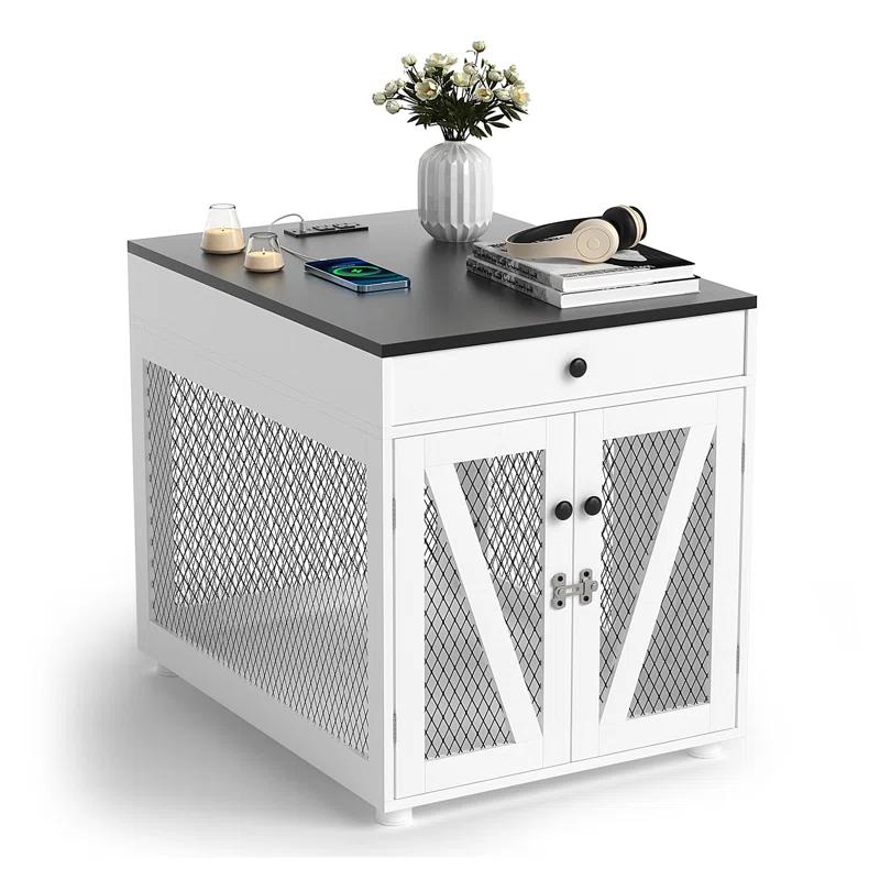 Tucker Murphy Pet™ Dog Crate Furniture, Wooden Dog Kennel End Table with USB Charging Station, Storage Drawer, Double Latched Door, Farmhouse Furniture-Style Crate Side Table for Dogs Under 40 lbs, Indoor Use