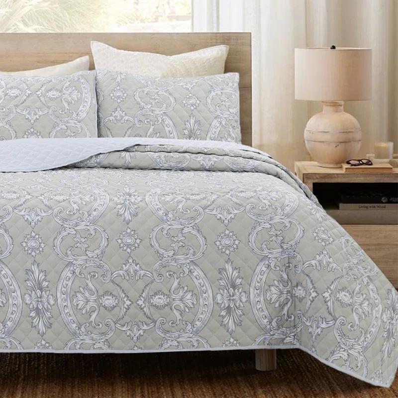 Cozy Line Home Fashion Gray Taupe Floral Majesty Medallion Geometric Shapes Quilt Set