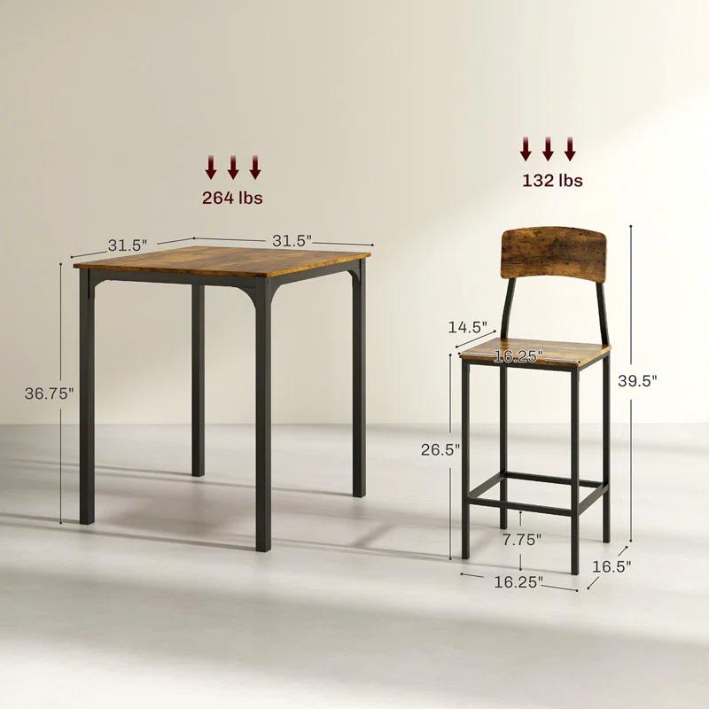 17 Stories 3 Piece Square Industrial Small Dining Table Set, Bar Table and Chairs Set, Rustic Brown and Black