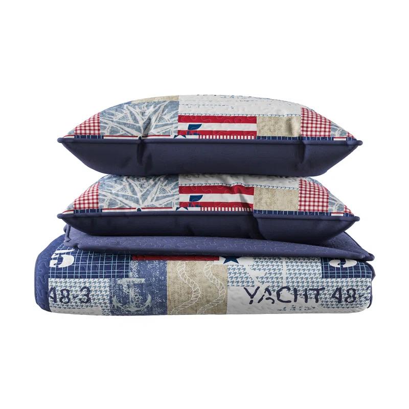 Quilt Set - Nautical Americana Patchwork Print All-Season Soft Microfiber Bedding with Pillow Sham