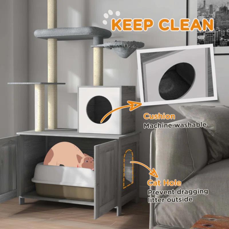 Tucker Murphy Pet™ Cat Tree With Litter Box Enclosure, 2 In 1 Floor To Ceiling Cat Tower Litter Box Furniture With Condo, Bed, Hammock, Scratching Posts, And Platforms For Indoor Use