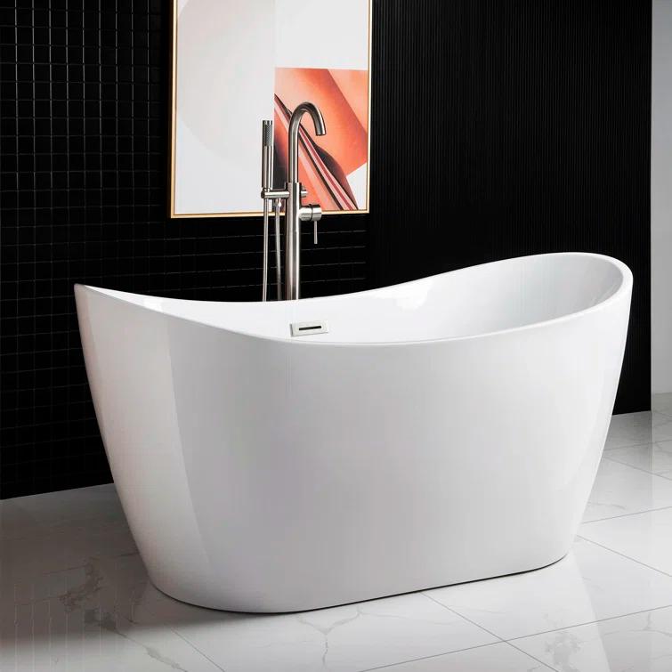 WoodBridge 59" x 28.75" Freestanding Soaking Acrylic Double Slipper Bathtub, Non-Slip Bottom Design BTA-1516