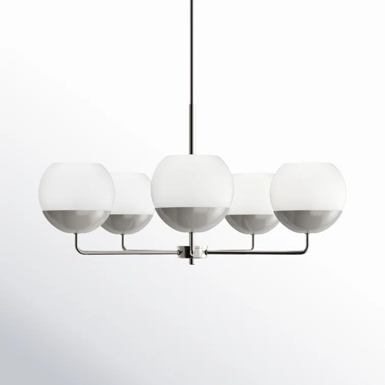 Alvin Midcentury 5-Light Brushed Nickel Chandelier with Milk Glass Shades